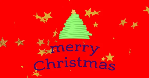 Image Merry Christmas Text Christmas Tree Stars Red Background Christmas — Stock Photo, Image