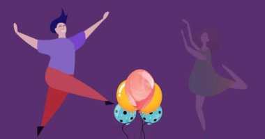 Mutluluk için dans eden mutlu erkek ve kadının canlandırması, mor arka planda balonlar. pozitiflik, sağlık ve kutlama konsepti dijital olarak oluşturulmuş video.