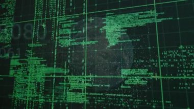 Küre ve parçacıkların yeşil şebekedeki verileri işlemek için sarmal oluşturması. küresel bilim, eğitim ve araştırma teknolojisi konsepti dijital olarak oluşturulmuş video.