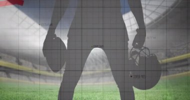 Stadyumdaki Amerikan futbolcusunun orta kesiminde grafik ve veri işleme animasyonu. spor, rekabet, teknoloji ve dijital arayüz kavramı, dijital olarak oluşturulmuş video.