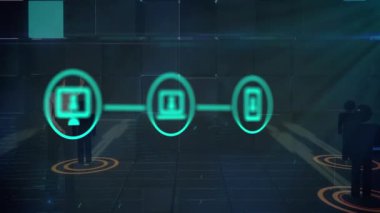 Siyah arkaplan üzerinde tarama yapan simgelerle ve kapsamıyla bağlantı ağının animasyonu. küresel iletişim, veri işleme ve dijital arayüz kavramı, dijital olarak oluşturulmuş video.