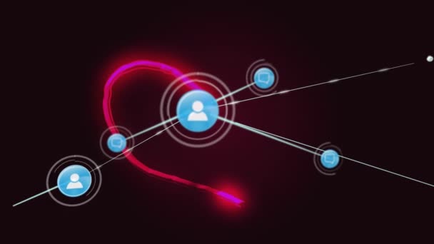 Animering Nätverk Anslutningar Med Digitala Ikoner Över Röd Neon Hjärta — Stockvideo