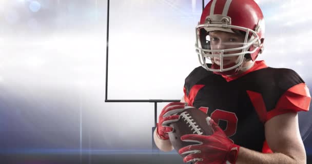 Animation Male American Football Player Holding Ball Goalposts Floodlit Stadium — Stock Video