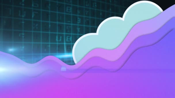 Animace Zpracování Dat Přes Fialové Vlny Digitální Cloud Globální Připojení — Stock video