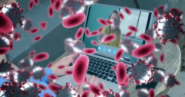 在女商人的手提电脑视频通话中 为19细胞和红血球动画 全球联盟19大流行病概念数码视频 — 图库视频影像