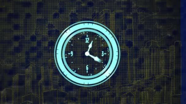 青を背景に街中を動く時計のアニメーション 世界的な開発 エンジニアリング データ処理の概念デジタルで生成されたビデオ — ストック動画