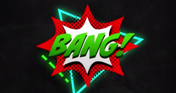 Animace Textu Bang Nad Neonovými Trojúhelníky Černém Pozadí Sociální Média — Stock video