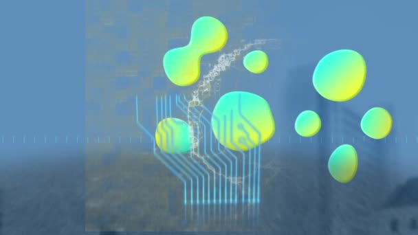 Animation von Computerplatinen, Blobs und Gehirnspinnern auf blauem Hintergrund. globale Technologie, Datenverarbeitung und digitales Schnittstellenkonzept digital generiertes Video.
