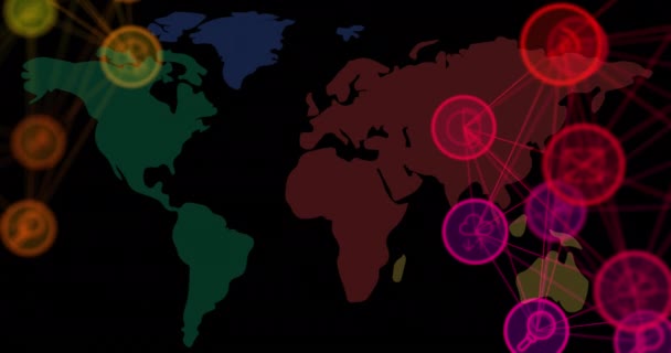 Animación Redes Conexiones Con Iconos Sobre Mapa Del Mundo Conexiones — Vídeos de Stock