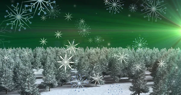 Wizerunek Płatków Śniegu Spadających Nad Pokrytym Śniegiem Polem Drzewami Boże — Zdjęcie stockowe