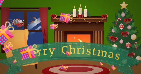 Obrázek Veselého Vánočního Textu Nad Vyzdobeným Domem Vánoční Zimní Tradiční — Stock fotografie