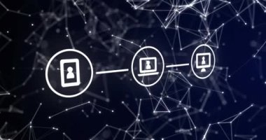 Siyah arkaplan üzerindeki simgelerle bağlantı ağının animasyonu. küresel iletişim, veri işleme ve dijital arayüz kavramı, dijital olarak oluşturulmuş video.