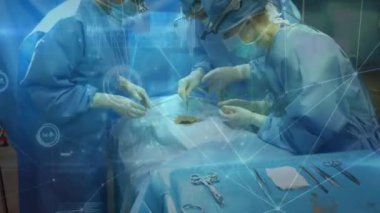 Ameliyathanedeki cerrahlar üzerinden bağlantı ağının animasyonu. küresel tıp, sağlık hizmetleri ve dijital olarak üretilen video konsepti.