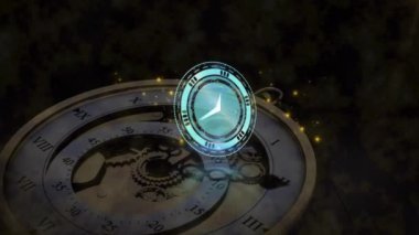 Dünya haritasında hareket eden saatlerin animasyonu. küresel iletişim, veri işleme ve dijital arayüz kavramı, dijital olarak oluşturulmuş video.