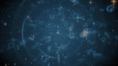 Gece gökyüzünde harflerin üzerinde hareket eden noel yıldızlarının animasyonu. Noel, şenlik ve iletişim teknolojisi konsepti dijital olarak oluşturulmuş video.