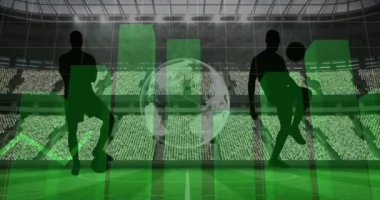 Grafiklerin, veri işlemenin ve spor stadyumunun üzerindeki kürenin animasyonu. spor, rekabet, küresel iletişim ve dijital arayüz kavramı, dijital olarak oluşturulmuş video.