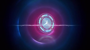 Mor halkalar üzerinde hareket eden saatin animasyonu. küresel iş, bağlantılar, ağlar ve veri işleme kavramı dijital olarak oluşturulmuş video.