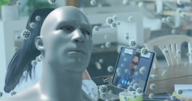 Dizüstü bilgisayardaki iş kadını görüntüsü üzerine covid 19 hücre ve insan baskını animasyonu. küresel covid 19 salgın konsepti dijital olarak oluşturulmuş video.