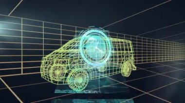 Minibüs ve ızgaranın 3D üzerindeki ekranlarda saat ve veri işleme animasyonu. küresel mühendislik, veri işleme ve dijital arayüz kavramı dijital olarak oluşturulmuş video.