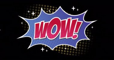 Siyah arka planda havai fişeklerin üzerinde wow metninin animasyonu. Sosyal medya ve iletişim arayüzü kavramı dijital olarak oluşturulmuş video.