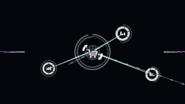 Animation Des Netzwerks Von Verbindungen Mit Digitalen Symbolen Über Lila — Stockvideo
