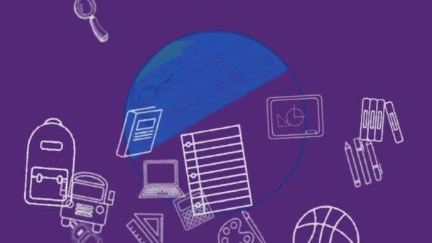 Анимация Школьных Икон Плавающих Над Синим Глобусом Фиолетовым Фоном Глобальное — стоковое видео