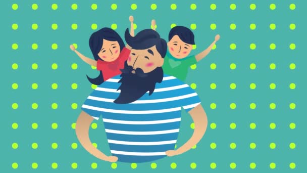 Animação Ilustração Pai Feliz Que Brinca Com Filho Filha Ombros — Vídeo de Stock
