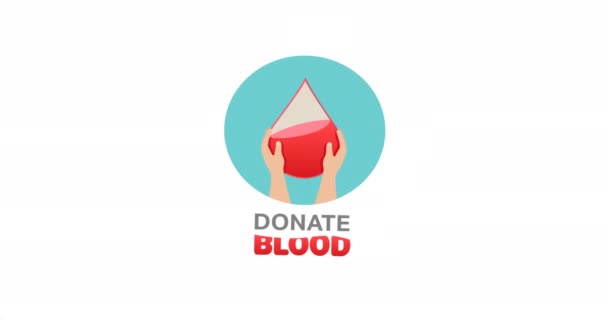 Animation Donate Blood Text Hands Droplet Logo Smiling Female Nurse — Stock Video