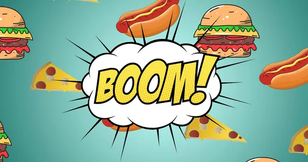 Image of illustration with boom text over fast food hot dogs, hamburgers and pizza slices. fast food concept digitally generated image.
