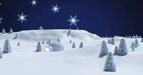 雪に覆われた風景の中に輝くイグルーの上に落ちるクリスマスの雪片のイメージ クリスマス お祝いのコンセプトをデジタルで — ストック写真