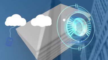 Elektronik cihazlı dijital bulutlarla tarama ve binaların animasyonu. küresel veri işleme, teknoloji ve dijital arayüz kavramı dijital olarak oluşturulmuş video.