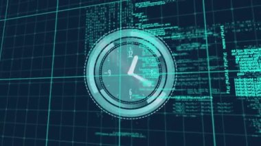 Veri işleme ve saatin korse üzerinde hızlı hareket edişinin animasyonu. küresel veri işleme ve dijital arayüz konsepti dijital olarak oluşturulmuş video.