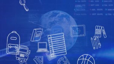 Mavi dünya ve mavi arkaplan üzerinde veri işleme ile yüzen okul simgelerinin animasyonu. küresel eğitim, öğrenme ve geliştirme kavramı dijital olarak oluşturulmuş video.