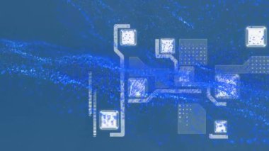 Mavi arkaplandaki bağlantı ağının üzerindeki mavi ışık izlerinin animasyonu. küresel teknoloji, veri işleme ve dijital arayüz kavramı dijital olarak oluşturulmuş video.
