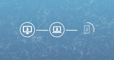 Mavi arkaplan üzerindeki simgelerle bağlantı ağının canlandırılması. küresel iletişim, veri işleme ve dijital arayüz kavramı, dijital olarak oluşturulmuş video.