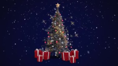 Noel ağacının üzerine düşen kar animasyonu ve hediyeler. Noel, kış, gelenek ve kutlama konsepti dijital olarak oluşturulmuş video.