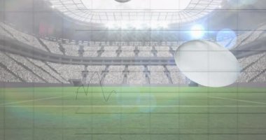 Spor stadyumunda grafikler ve veri işleme ile düşen ragbi toplarının animasyonu. spor, rekabet, küresel iletişim ve dijital arayüz kavramı, dijital olarak oluşturulmuş video.