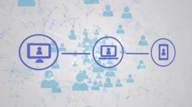 Beyaz arkaplan üzerindeki simgelerle bağlantı ağının canlandırılması. küresel iletişim, veri işleme ve dijital arayüz kavramı, dijital olarak oluşturulmuş video.