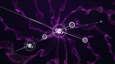 Mor duman izlerinin üzerindeki dijital simgelerle bağlantı ağının animasyonu. çevrimiçi bağlantılar, ağ oluşturma ve dijital arayüz konsepti dijital olarak oluşturulmuş video.