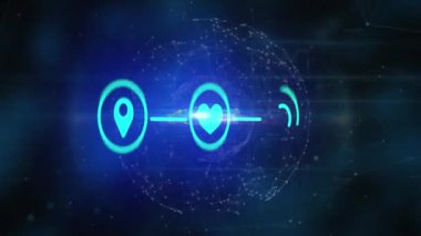 Siyah arkaplan üzerinde simgeler ve dünya ile bağlantı ağının animasyonu. küresel iletişim, veri işleme ve dijital arayüz kavramı, dijital olarak oluşturulmuş video.