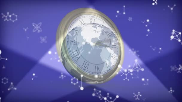 Animation Von Molekülen Und Globus Über Bewegter Uhr Globale Kommunikation — Stockvideo
