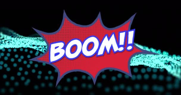 Animation Boom Text Blue Dots Black Background Social Media Communication — Stock Video