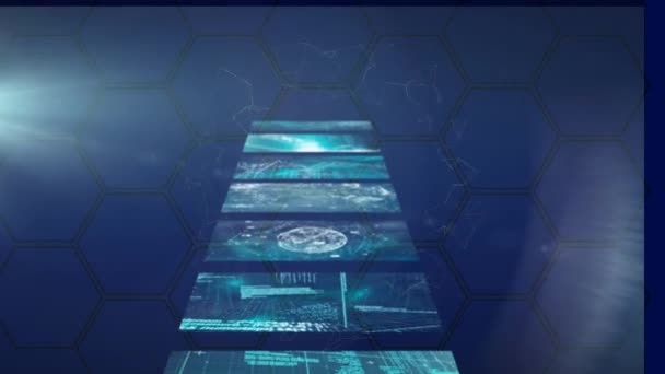 青い背景に六角形上のデータ処理のアニメーション 世界的な開発 エンジニアリング データ処理の概念デジタルで生成されたビデオ — ストック動画