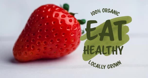 Animation Eat Healthy Text Green Fresh Organic Strawberry Vegan Day — Stock Video