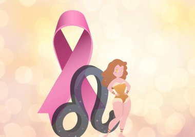 Taurus sembolü, pembe kurdele ve deniz kızı ikonu eğimli arkaplanda ışık noktalarına karşı. Kadın güçlendirme konsepti