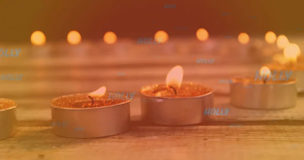 Képek Magyal Szöveg Kék Felett Meggyújtott Teafény Gyertyák Karácsony Hagyomány — Stock Fotó
