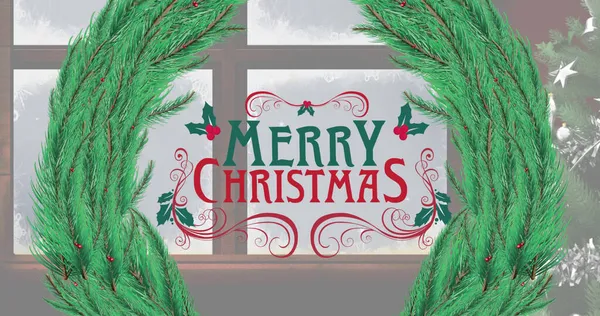 Image Merry Christmas Text Fir Tree Window Christmas Winter Tradition — Stock Photo, Image