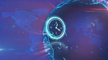 Saat yüzlü tarayıcının ışıldayan küresel ağ üzerindeki animasyonu ve mor arkaplandaki veriler. küresel iletişim ağı ve dijital arayüz teknolojisi konsepti dijital olarak oluşturulmuş video.