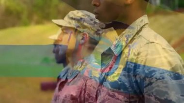 Üniformalı çeşitli erkek askerlerin ekvator bayrağının animasyonu. Ulusal ordu, vatanseverlik ve silahlı kuvvetler konsepti dijital olarak oluşturulmuş video.