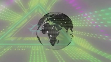 Neon desenli tünel arka planında dönen dünyanın animasyonu. Dijital olarak oluşturulan video geliştirme, bağlantılar ve veri işleme kavramı.